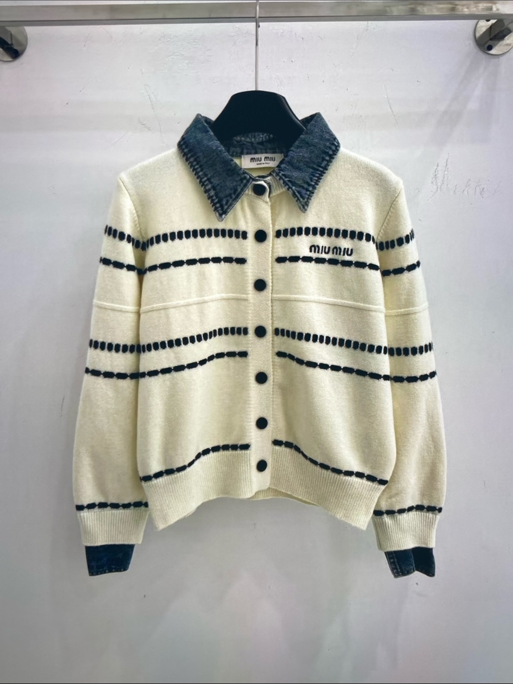 Miu Miu Denim Collar Striped Knit Cardigan| Only Tried On